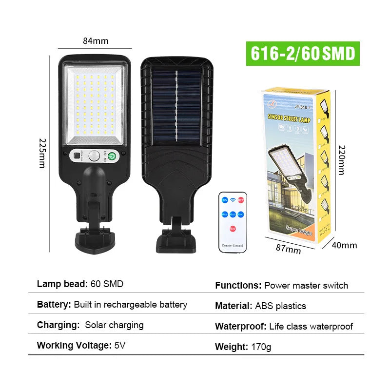 Solar Street Light, ABS plastic lantern with rechargeable battery, solar charging and motion sensor, IP67 waterproof rating.