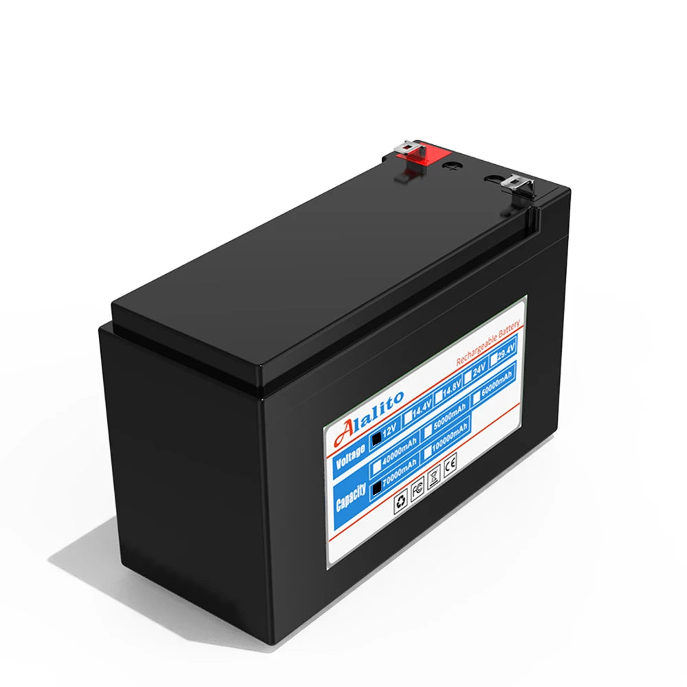 12V 60Ah 18650 lithium battery, 12V, 4Ah battery with 4A charging, max 12.6V, and red charge indicator.