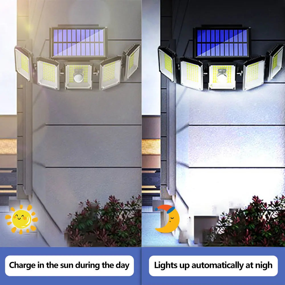 5 Heads 300 LED Solar Light, Solar-powered lights charge during the day; they turn on automatically at night with motion detection.