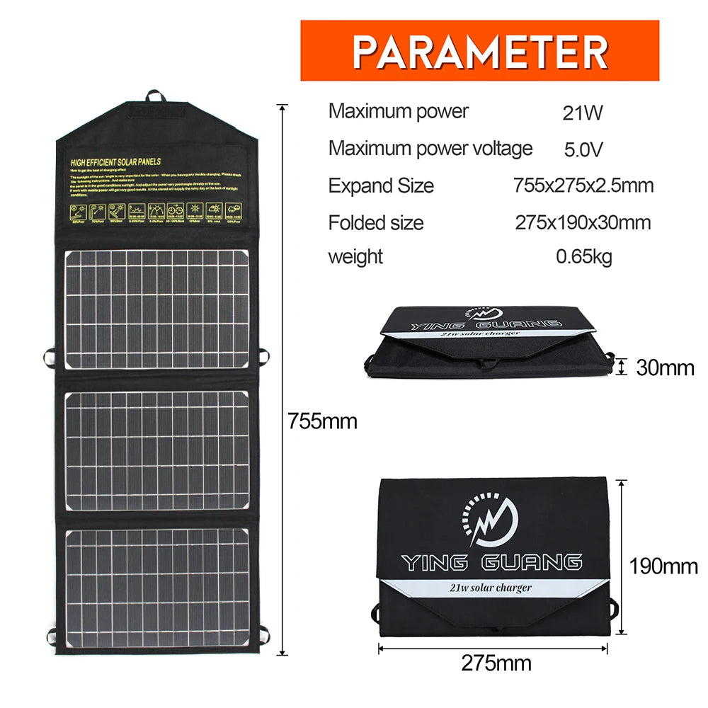 Upgraded 28W 21W 14W Portable Solar Panel, Portable solar charger for phones and devices, with foldable design and multiple voltage options.