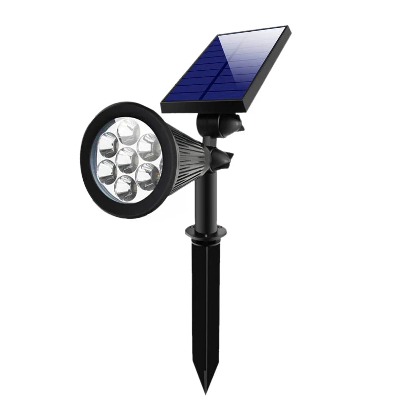 Solar-powered lawn light with RGB color change and spike design for outdoor use.