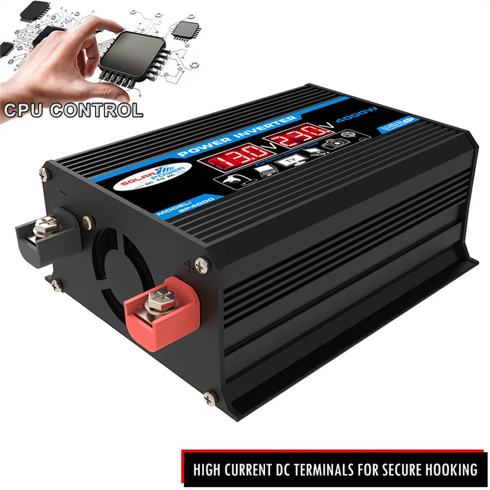 4000W Peak Solar Car Power Inverter, Secure DC terminal hookups with CPU control for car's electrical system.