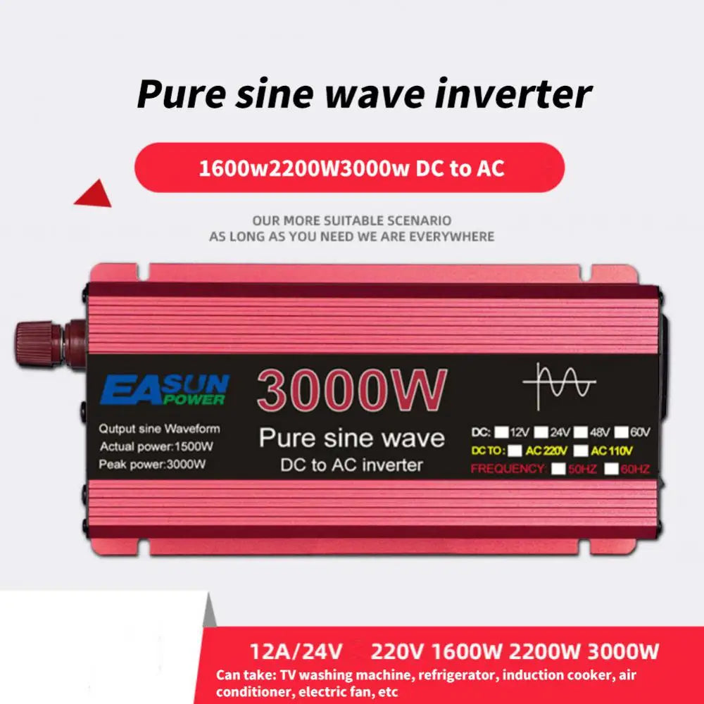 Pure Sine Wave Inverter converts DC 12V to AC 110V/220V power with options from 1000W to 3000W.