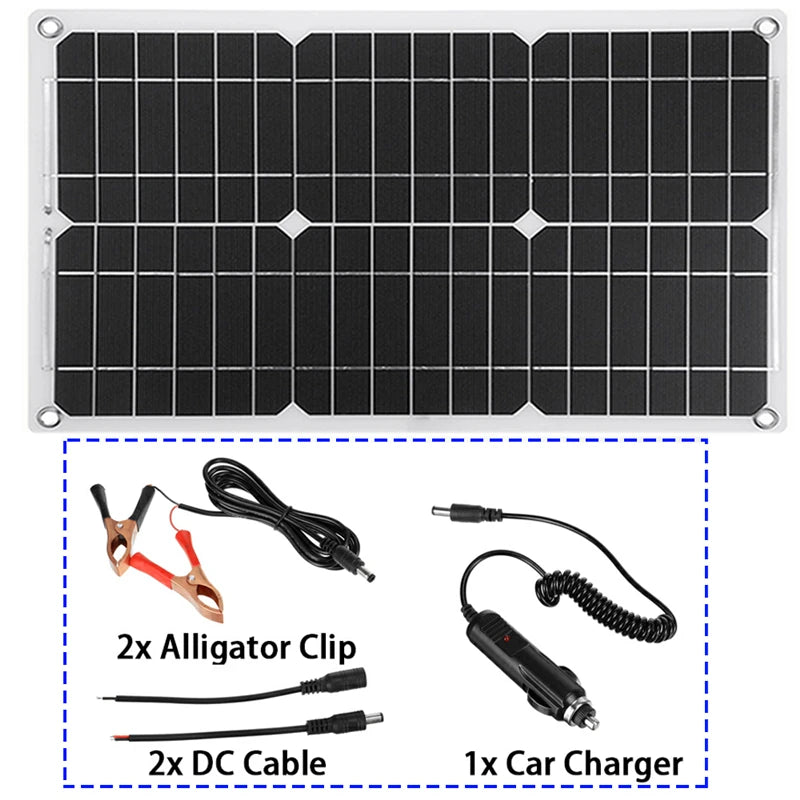 110V/220V Solar Panel, Kit includes alligator clips, DC cables, and car charger clip for easy device connections.