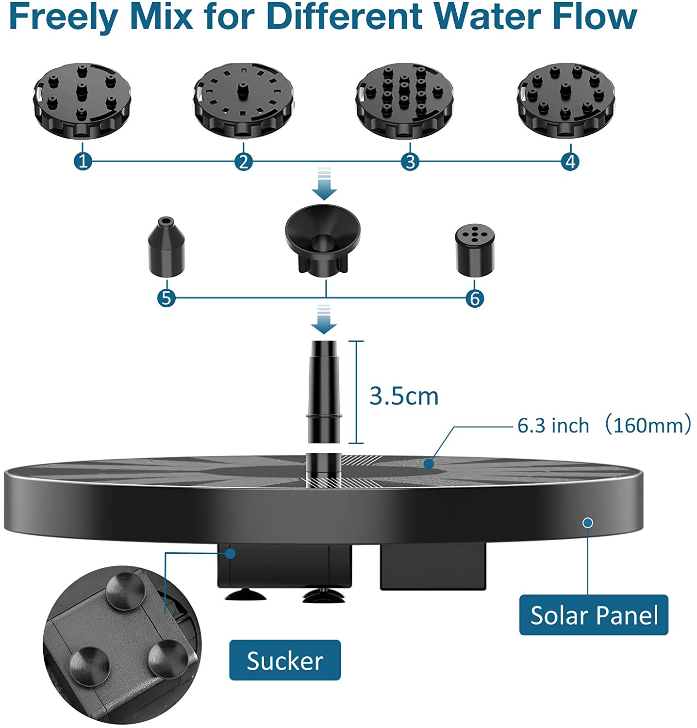 2.5W Solar Bird Bath Fountain, Solar Panel Sucker 3.5cm 6.3 inch (160mm