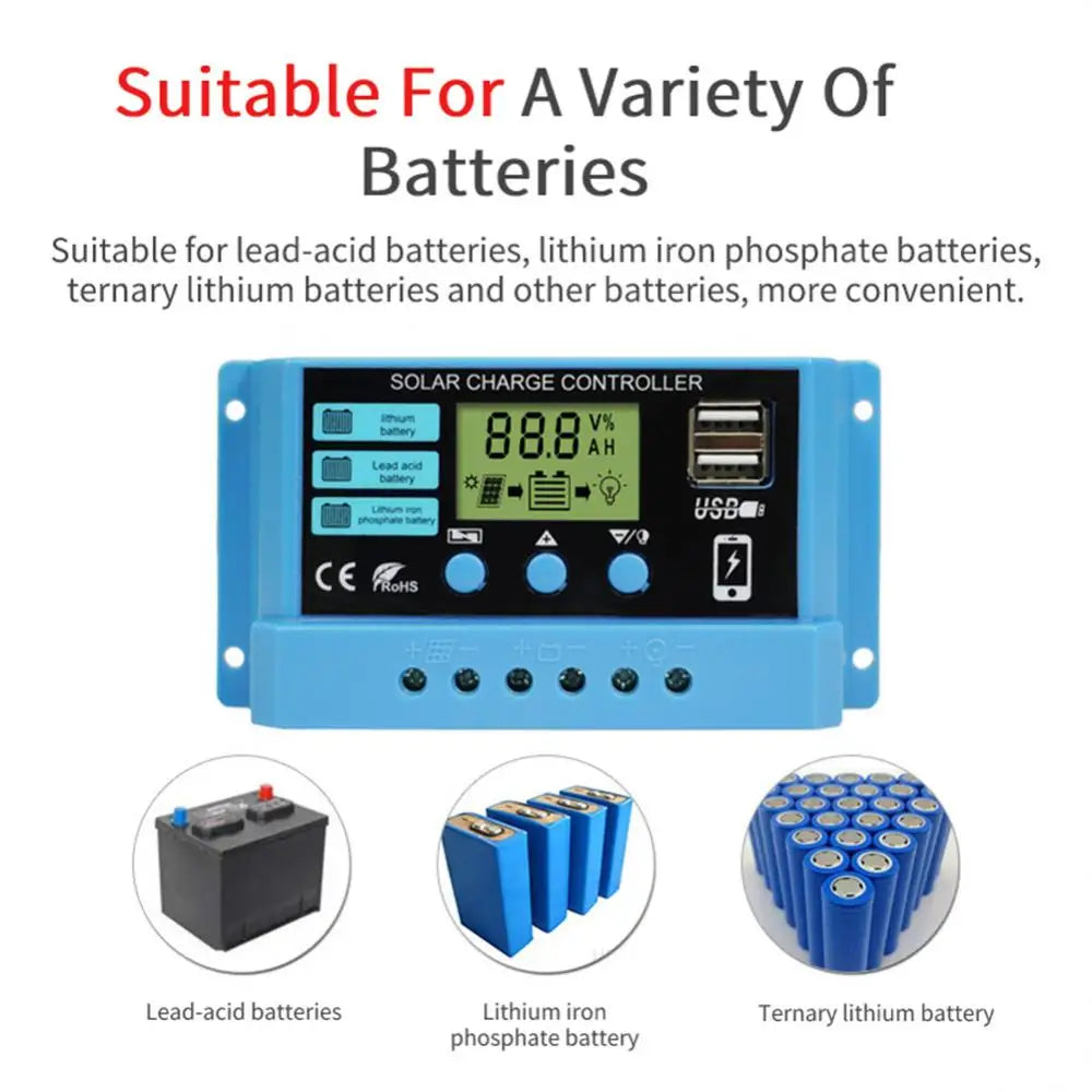 PWM Solar Charge Controller, Universal solar charger controller compatible with multiple battery types: lead-acid, lithium, and more.