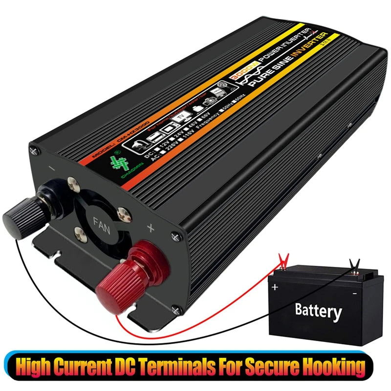 10000W LCD Display Solar Power Inverter, Secure connections for power tools and equipment with high-current DC terminals, fan, and battery compartment.