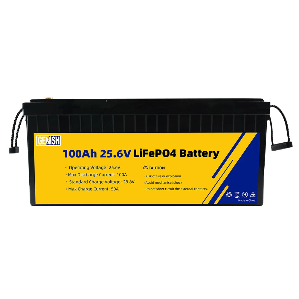 LiFePO4 battery specifications: 25.6V operating voltage, 10A max discharge, and 28.8V standard charge.