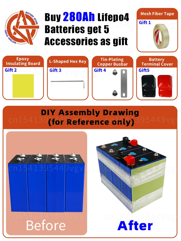 Rechargeable lithium iron phosphate batteries for golf carts, boats, RVs, and EVs with accessories and assembly guide.