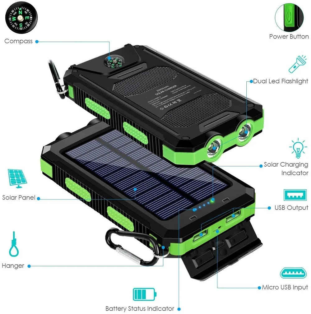 Features: Power button, compass, flashlight, solar charging indicator, and various charging/output options (USB, micro-USB, hanger)