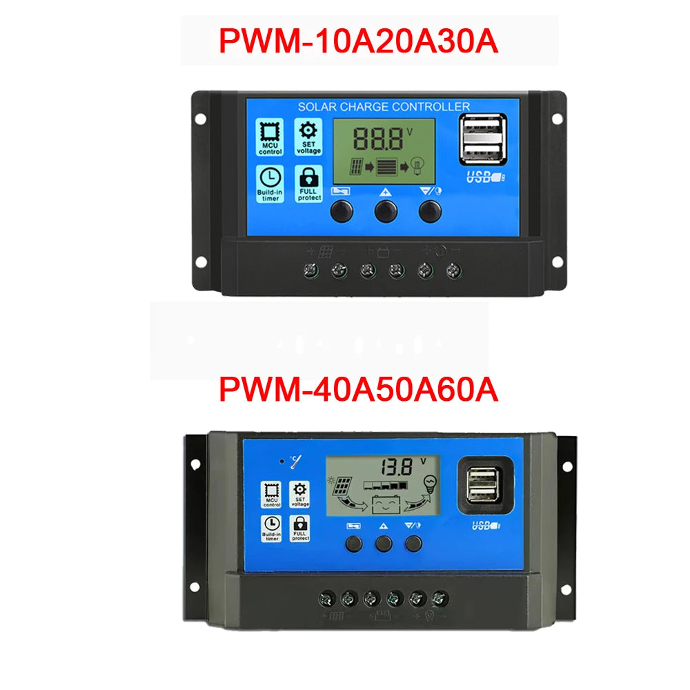 12V24V Auto. PWM Solar Charge Controller, Solar charge controller with LCD display and USB output for charging batteries from solar panels.
