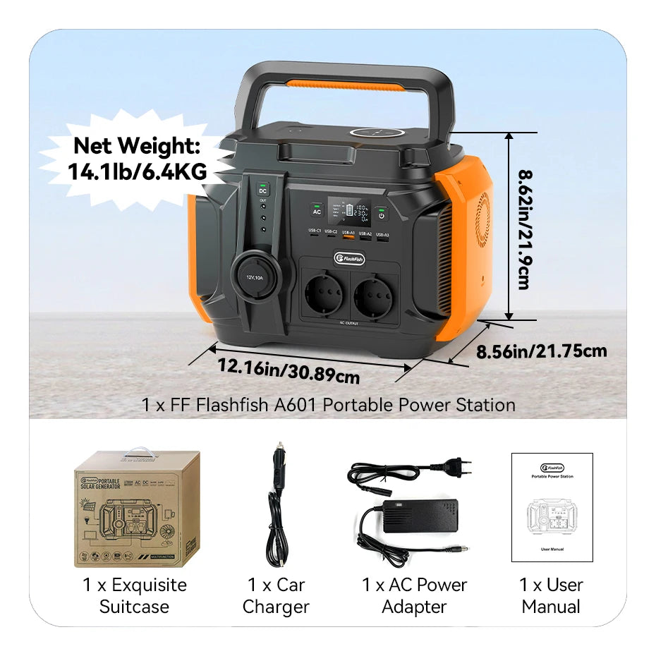 FF Flashfish A601 Solar Generator, Portable Power Station and accessories: A601 unit, manual, adapters, and chargers; measures 8.56
