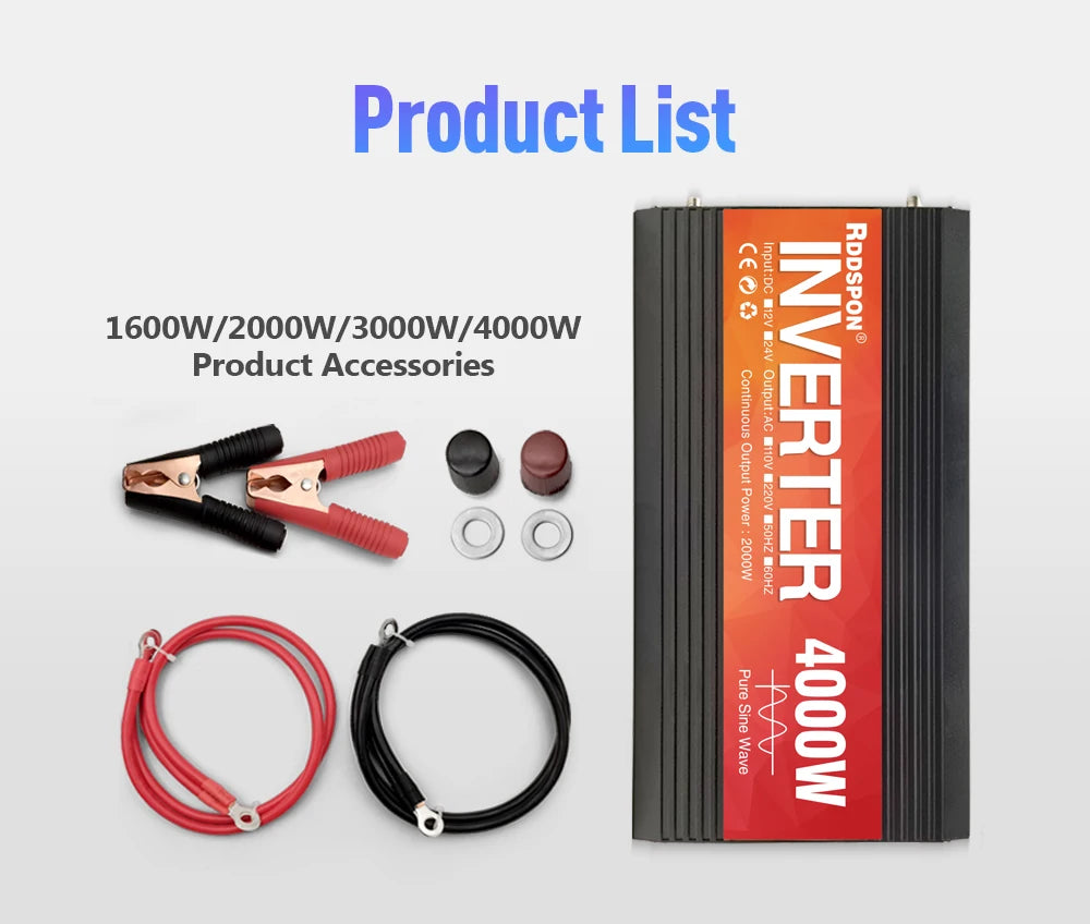 1000W-4000W Pure Sine Wave Inverter, This inverter supports resistive loads like electric bulbs with no peak power requirements.