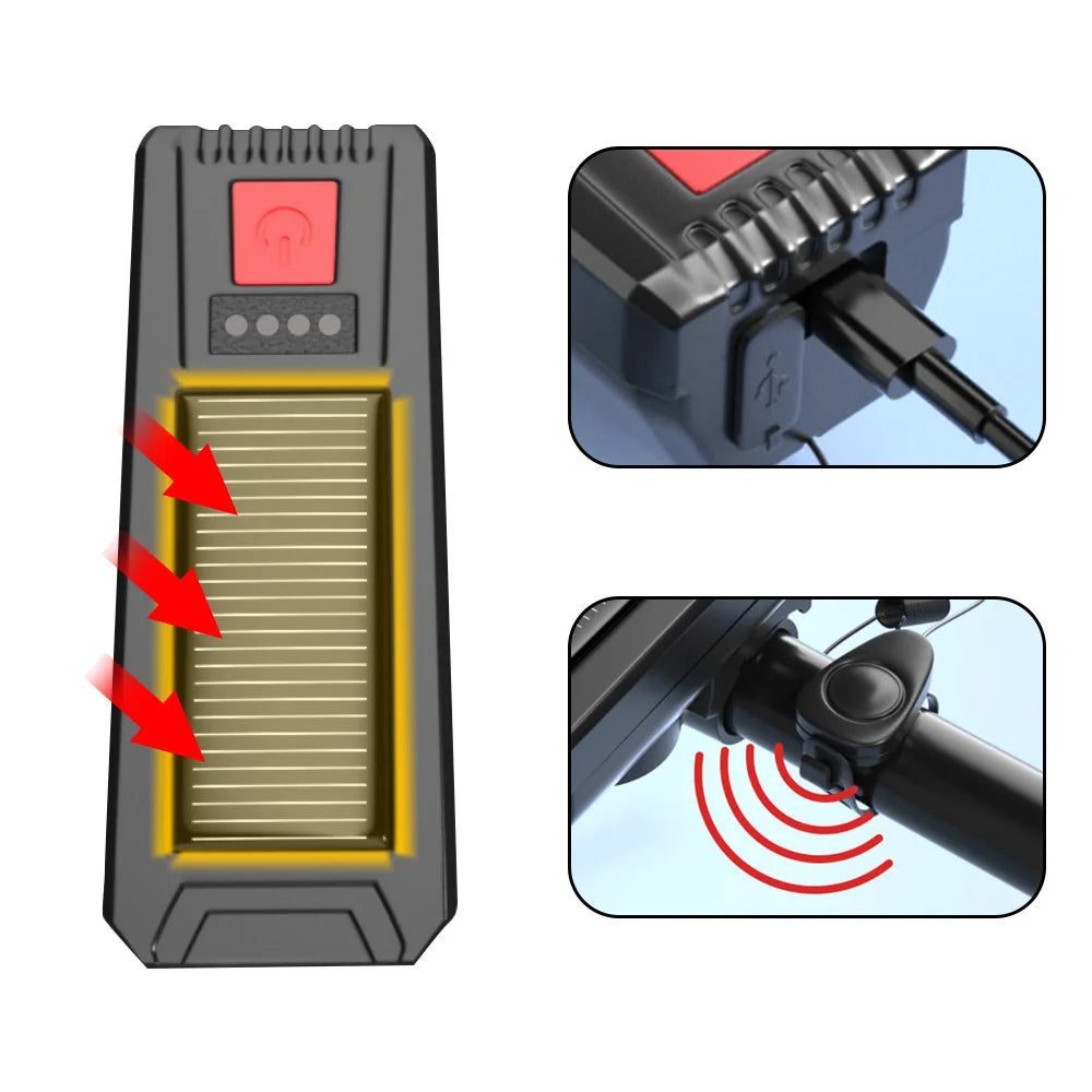 Multifunctional Solar Bicycle Light, Motorcycle accessories: Headlight, horn cable, charging cable, and strap included.