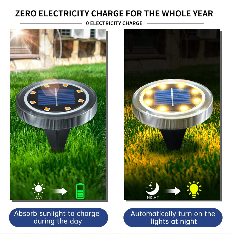 Solar Powered Ground Light, Solar-powered lantern charges during the day, then turns on at night with no electricity costs.