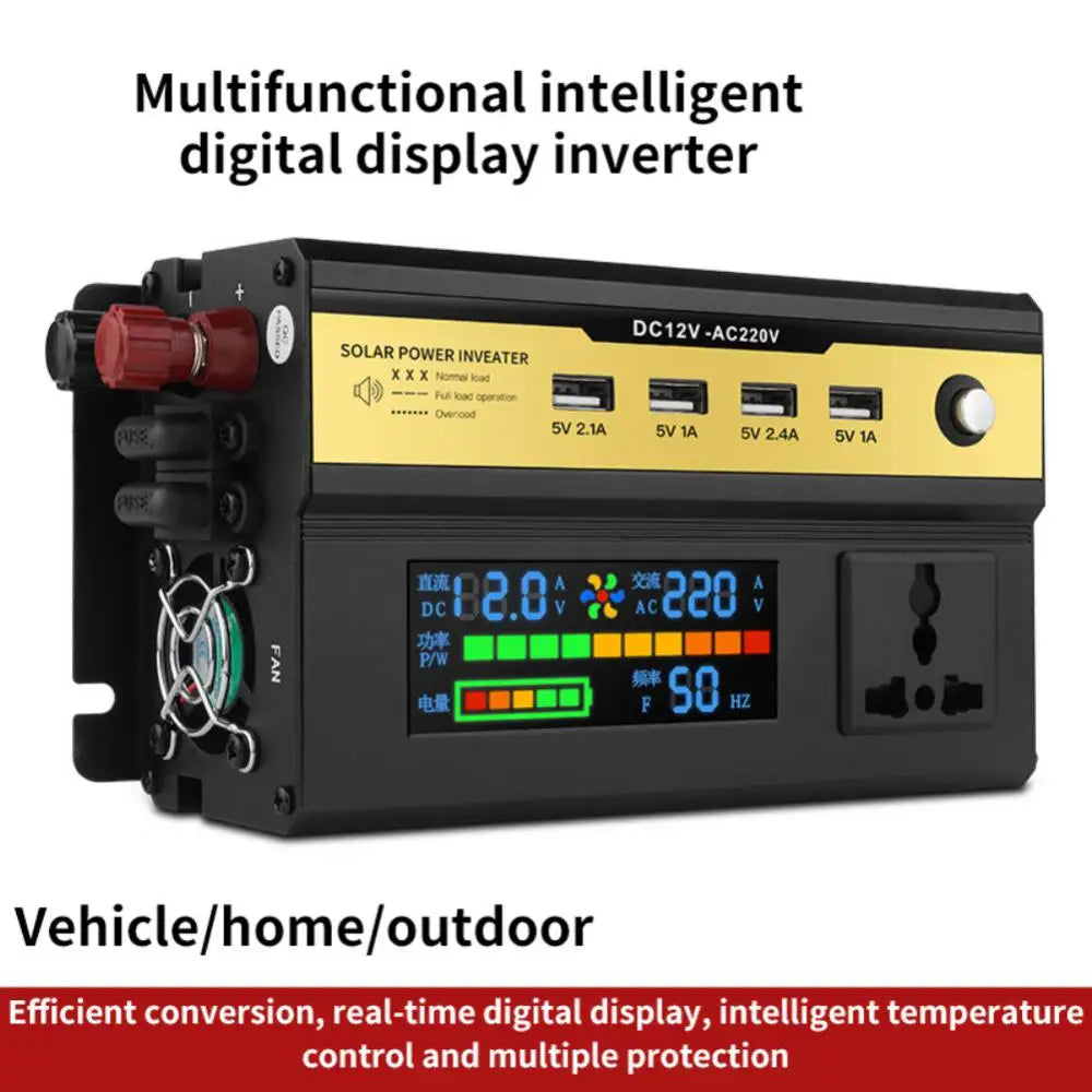 Intelligent solar power inverter with digital display, converts DC power to AC for homes, vehicles, or outdoors.