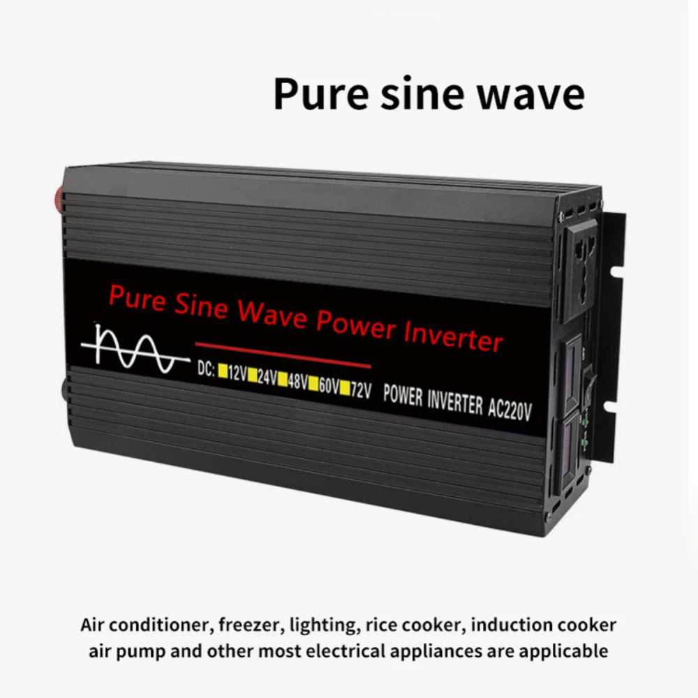 Pure sine wave inverter converts 12V DC to 220V AC power for home appliances.