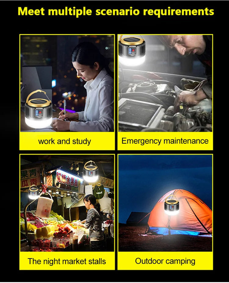 Solar LED Camping Light, Rechargeable lantern suitable for emergencies, outdoor activities, and studying, with water-resistant design.