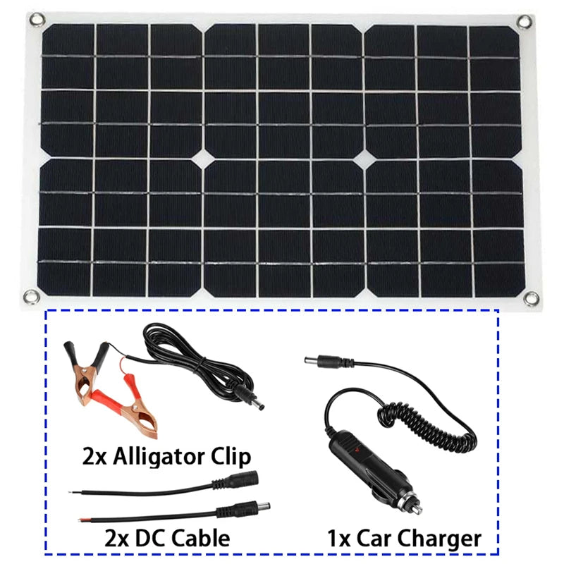 12V to 110V/220V Solar Panel, Includes two alligator clips and two DC cables for charging your vehicle's battery with ease.