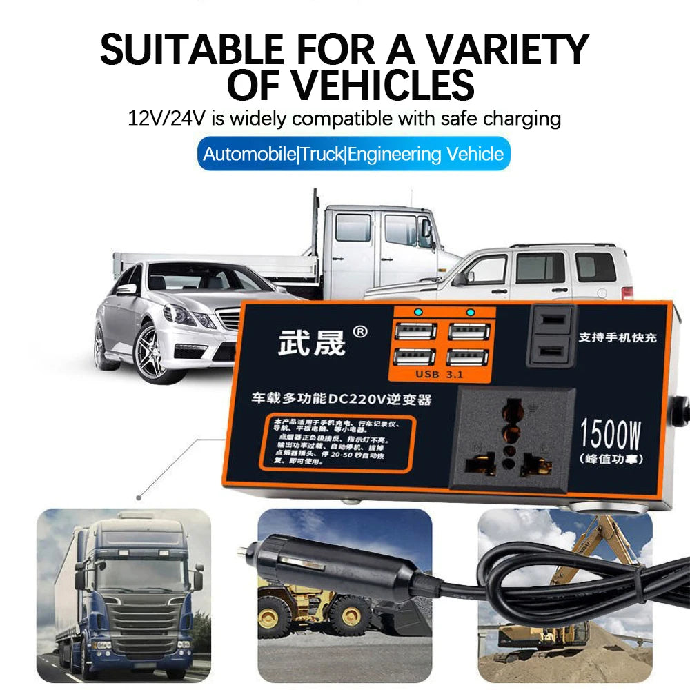 Car Inverter, Universal inverter for 12V/24V vehicles with USB 3.1 connectivity and safety features.