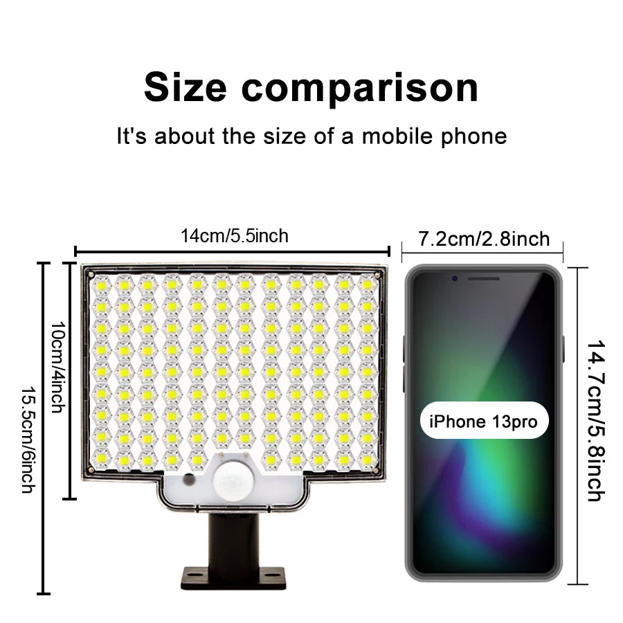 228LED Solar lamp outdoor security light, Compact device, similar to iPhone size, ideal for discreet placement.