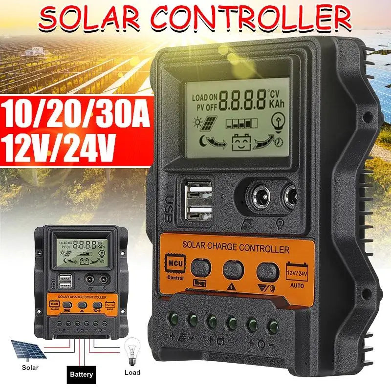 Solar Charge Controller, Solar charger controller with LCD display for 12V/24V solar panels, features auto-source switching and dual USB ports.