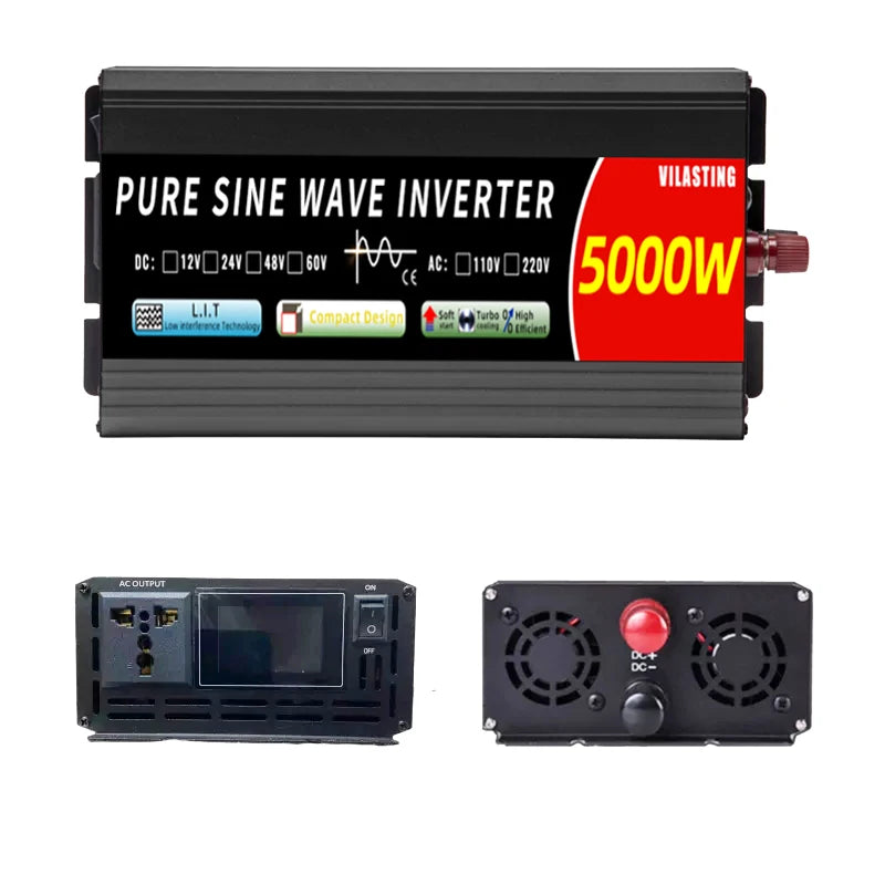 Compact pure sine wave inverter converts DC power to AC with high efficiency and step-up conversion capabilities.