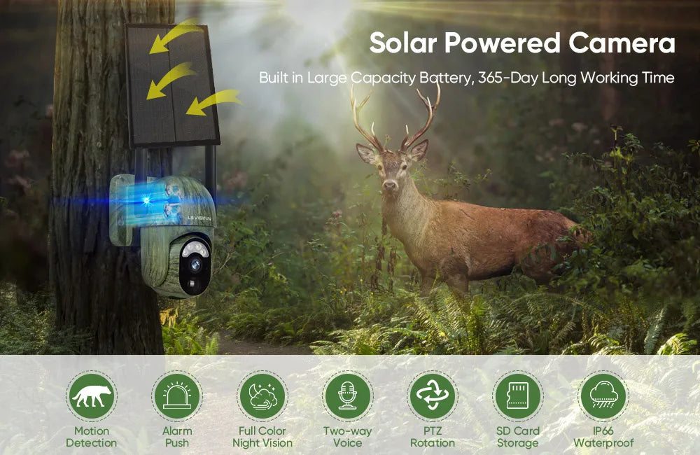 LS VISION LS-WS16M Solar Camera, Outdoor surveillance camera with solar power, motion detection, and features like video, talk, zoom, and night vision.