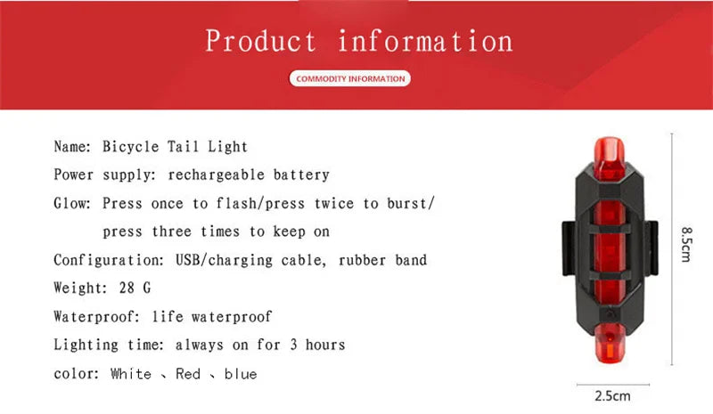 1200mAh MTB Solar Bike Light, Bicycle Tailight: Rechargeable bike light with flashing, bursting, and steady modes for safe riding.