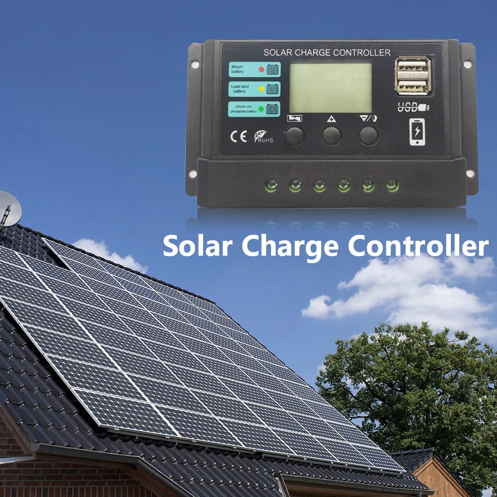 10A/20A/30A Solar Charge Controller, Solar charge controller with dual USB ports for charging 12V or 24V systems, adjustable PWM for lead-acid and lithium batteries.