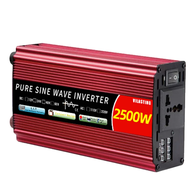 Inverter with 2500W total power, 1100W continuous power, and 2500W peak power.