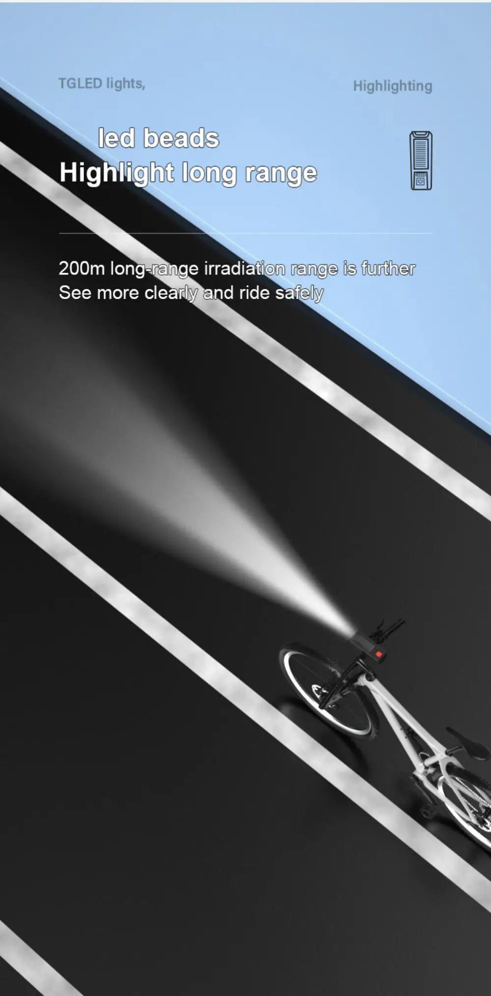 Multifunctional Solar Bicycle Light, Long-range LED lighting enhances road visibility for safer cycling.