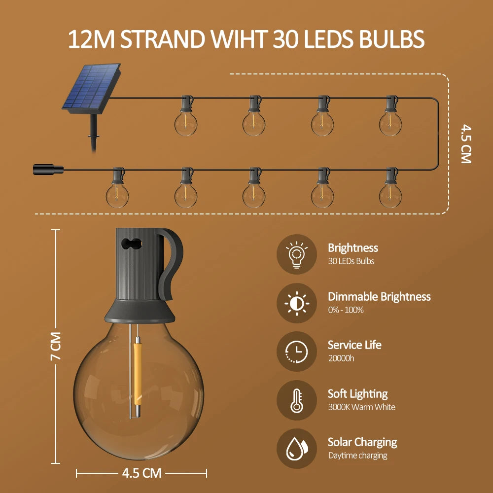 Solar String Light, Solar-powered LED strand with 30 bright LEDs, dimmable from 0-100%, soft lighting, and 2000-hour lifespan.