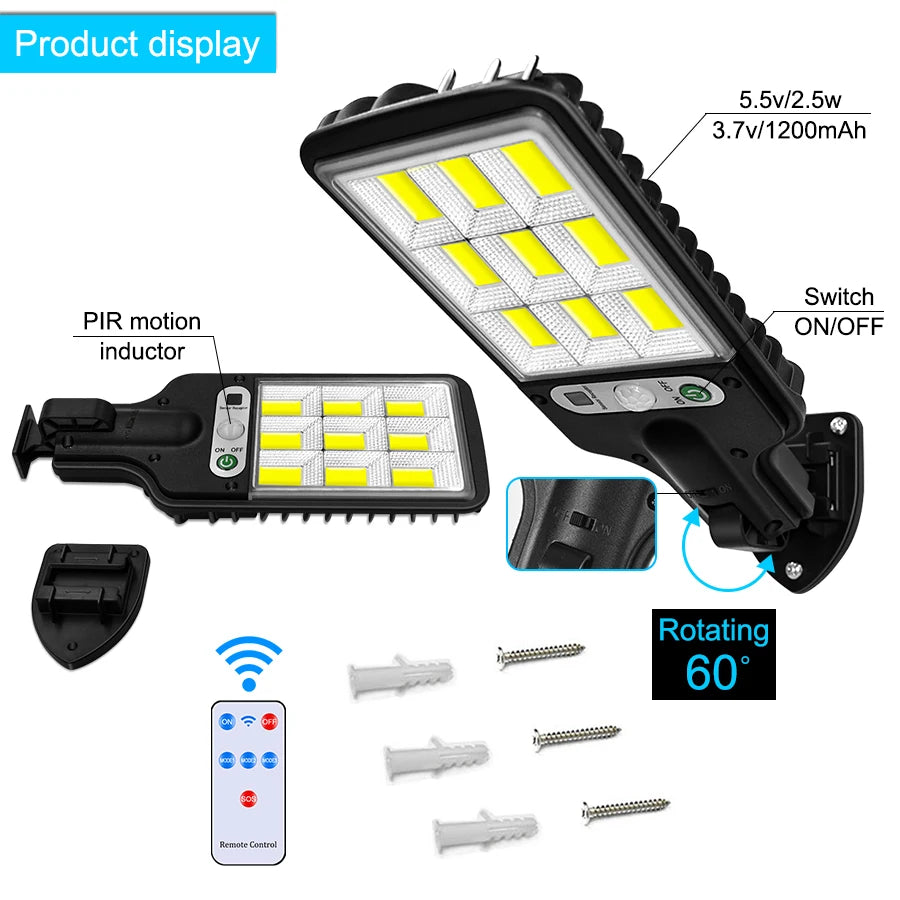 Solar LED Light, Solar-powered lamp with PIR technology, motion sensor, and adjustable brightness.