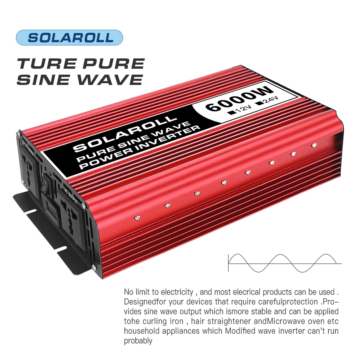 Solaroll's Pure Sine Wave Inverter converts DC power to AC, suitable for household appliances.
