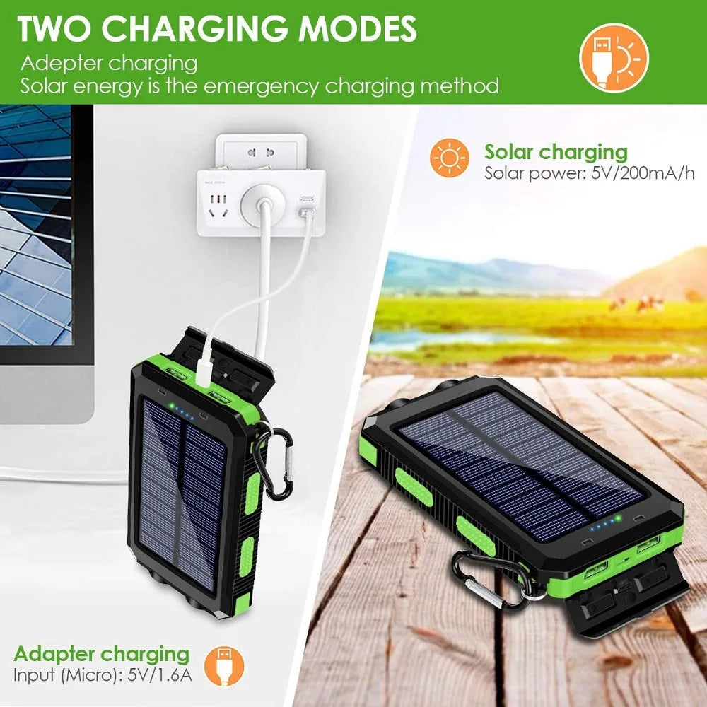 Charging modes include solar power and USB adapter, with micro-USB input for charging.