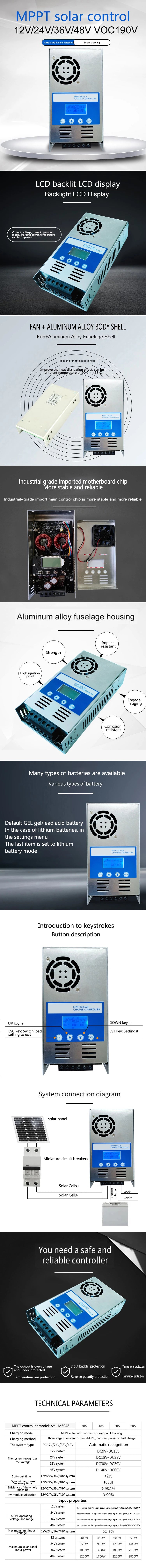 40A/60A MPPT Solar Charge Controller, Solar charger controller with LCD display, MPPT technology, and protections for safe charging.