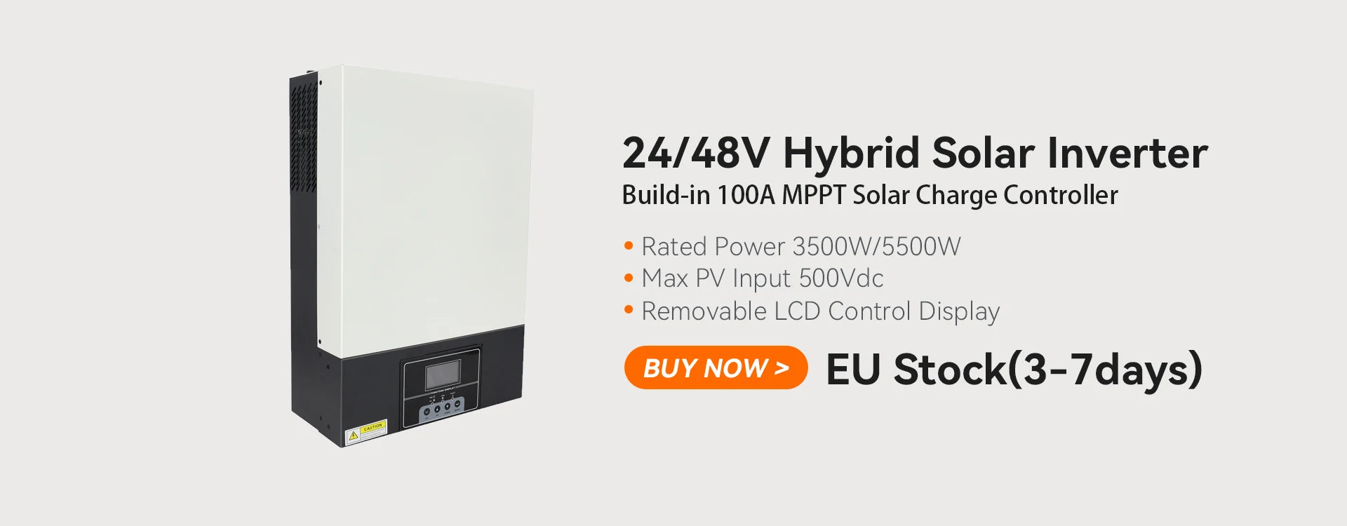 PowMr 2.4KW Hybrid Inverter, Hybrid solar inverter with 3500W/500W rating, 100A MPPT controller, and removable LCD display.