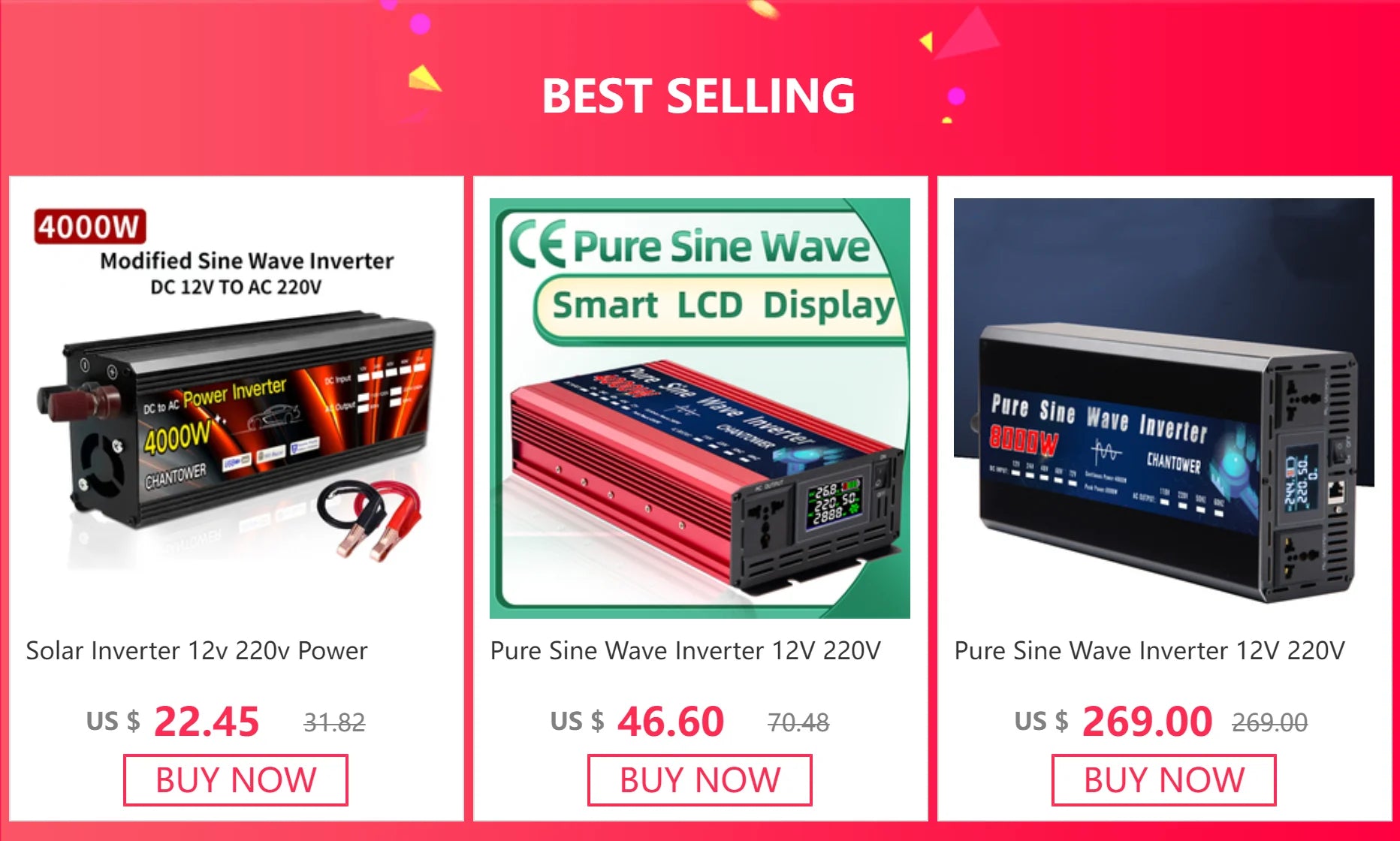 Pure Sine Wave Inverter: Converts 12V DC to AC 220V with smart display.