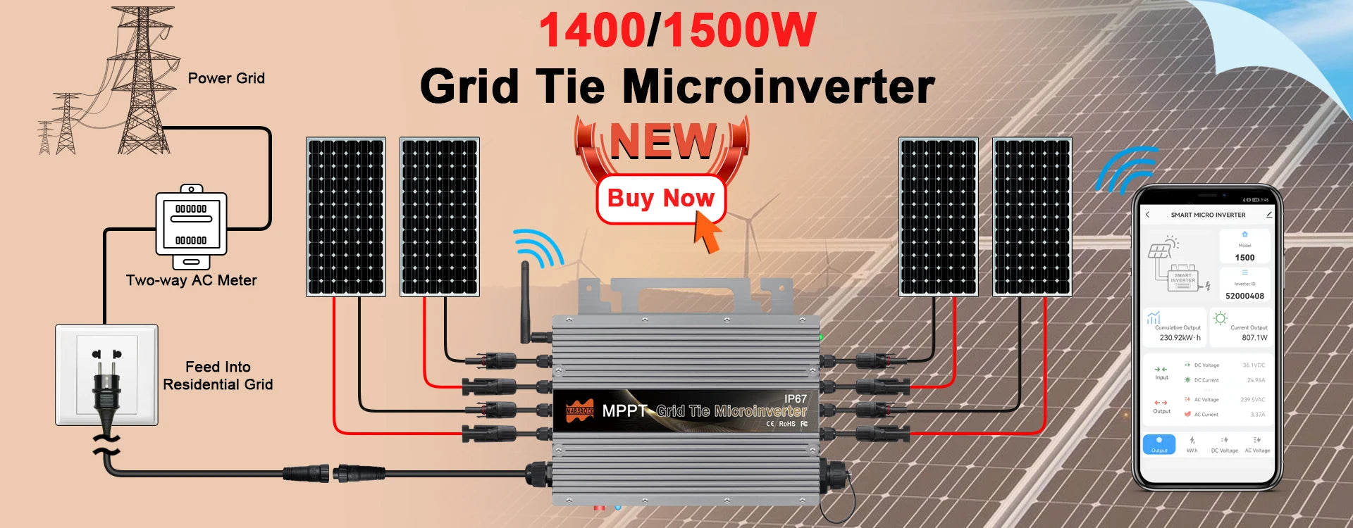 1000W 2000W Solar Inverter, Grid-tied solar inverter with limiter sensor and MPPT tech, suitable for various PV systems, features LCD display.