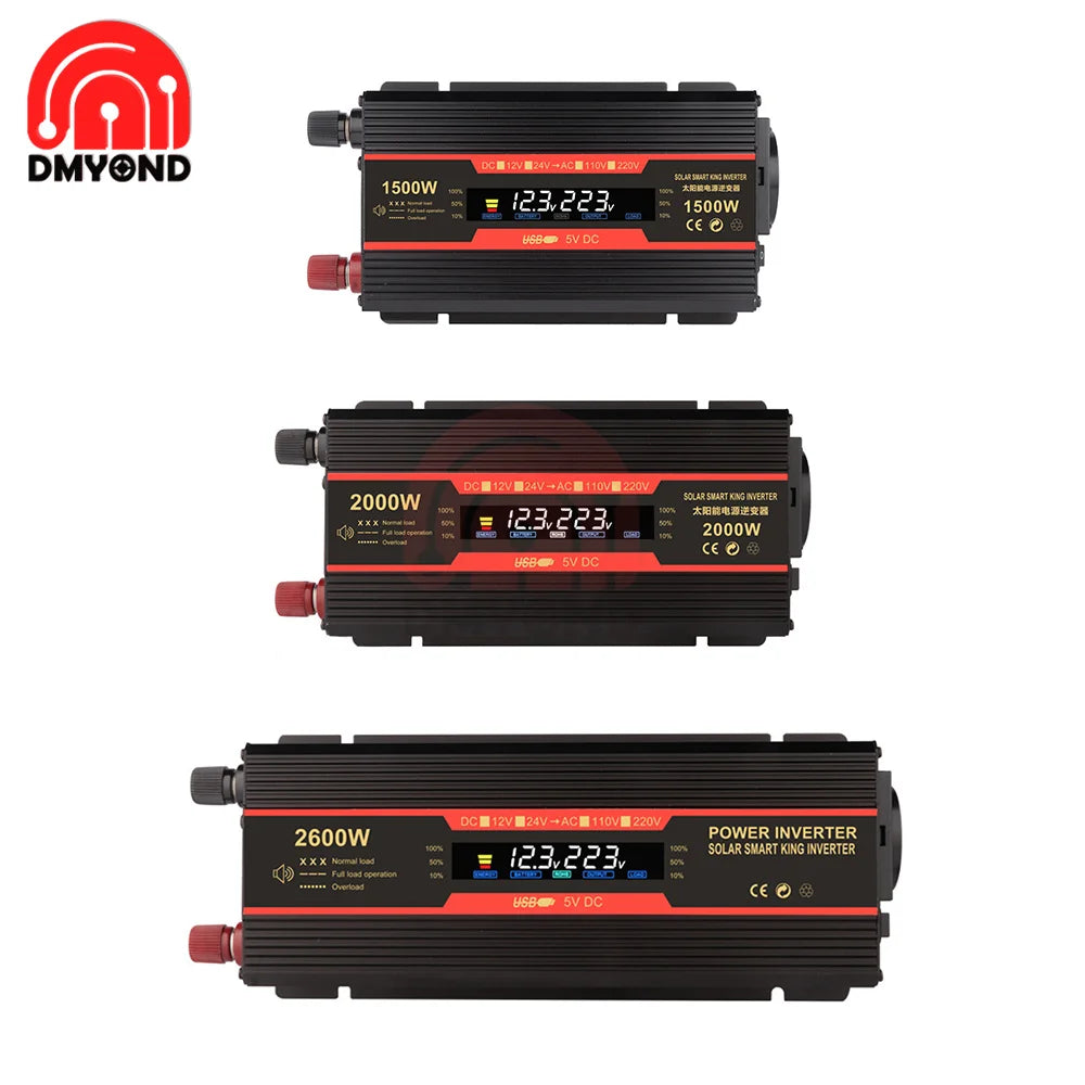 1500W/2000W/2600W Inverter, Pure sine wave power inverter converts 12V DC to 220V AC with LCD display and USB port.