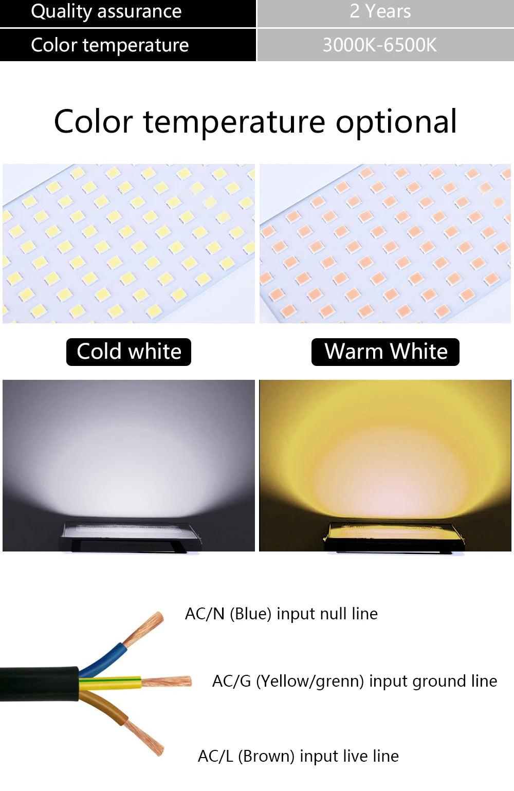 LED Flood Light, LED Light Bulb: 2-year warranty, color temp range, cold & warm white options, AC input types.