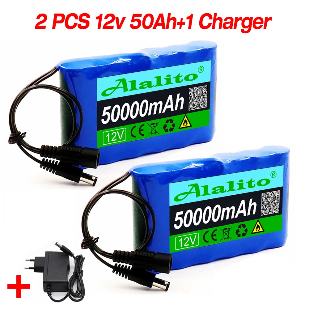 Rechargeable battery pack with charger for CCTV/camera systems, offering 50Ah total capacity.