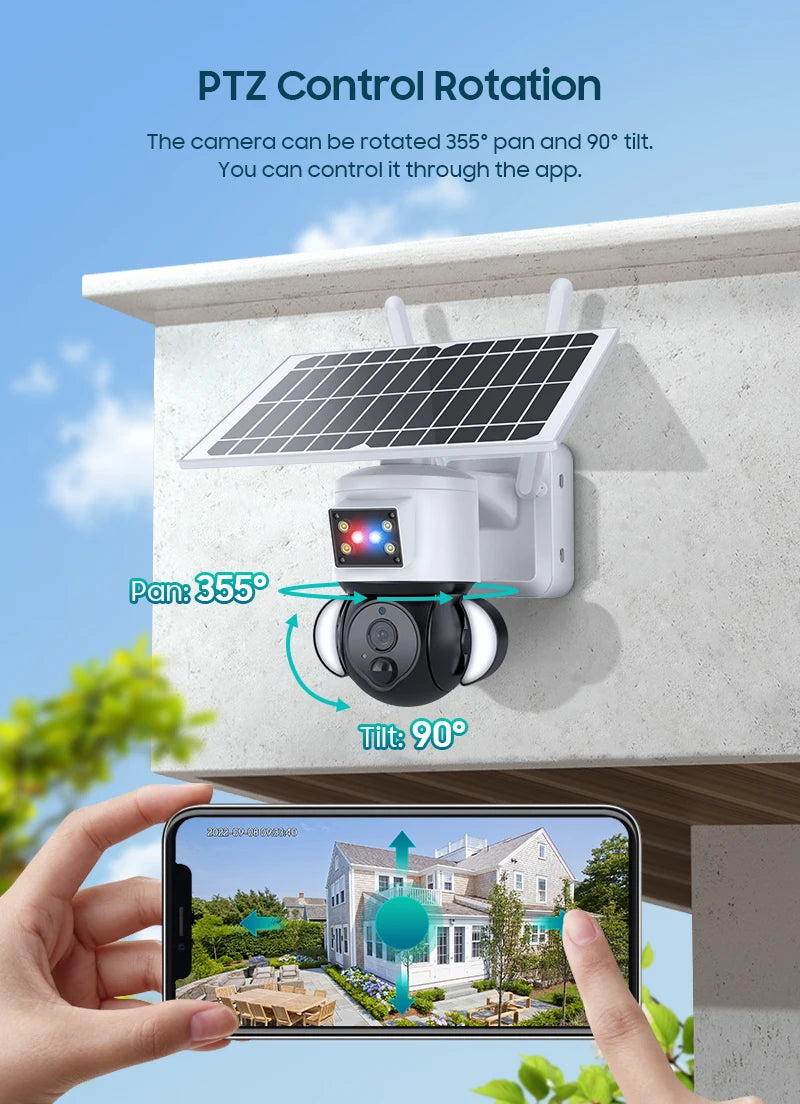INQMEGA 5MP External Security Camera, Adjustable pan and tilt control with 355° horizontal and 90° vertical range, controlled via mobile app.