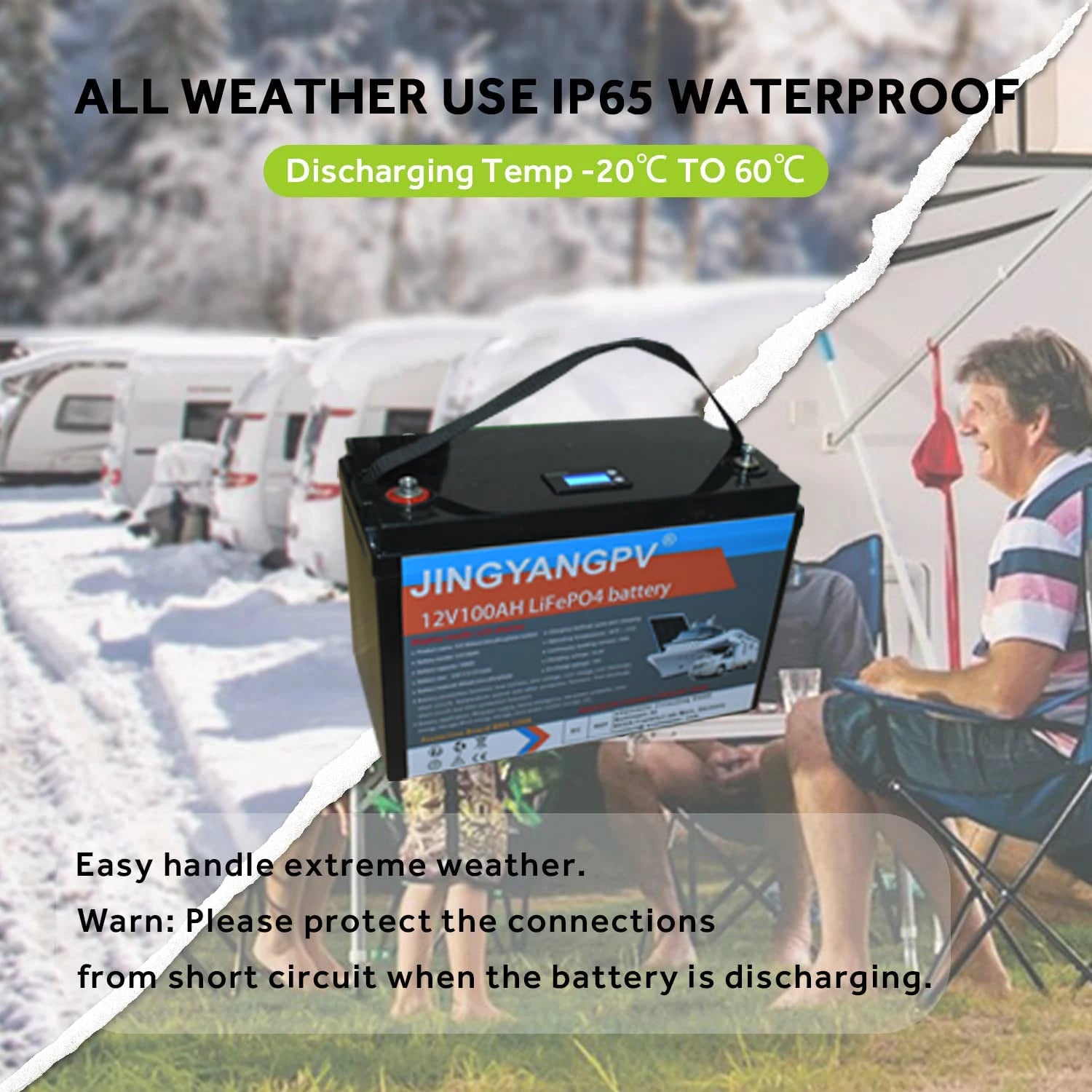 Jingyang 12V 100Ah 200Ah Lithium LiFePO4 Battery, Waterproof battery for all-weather use, resistant to extreme temperatures and moisture.