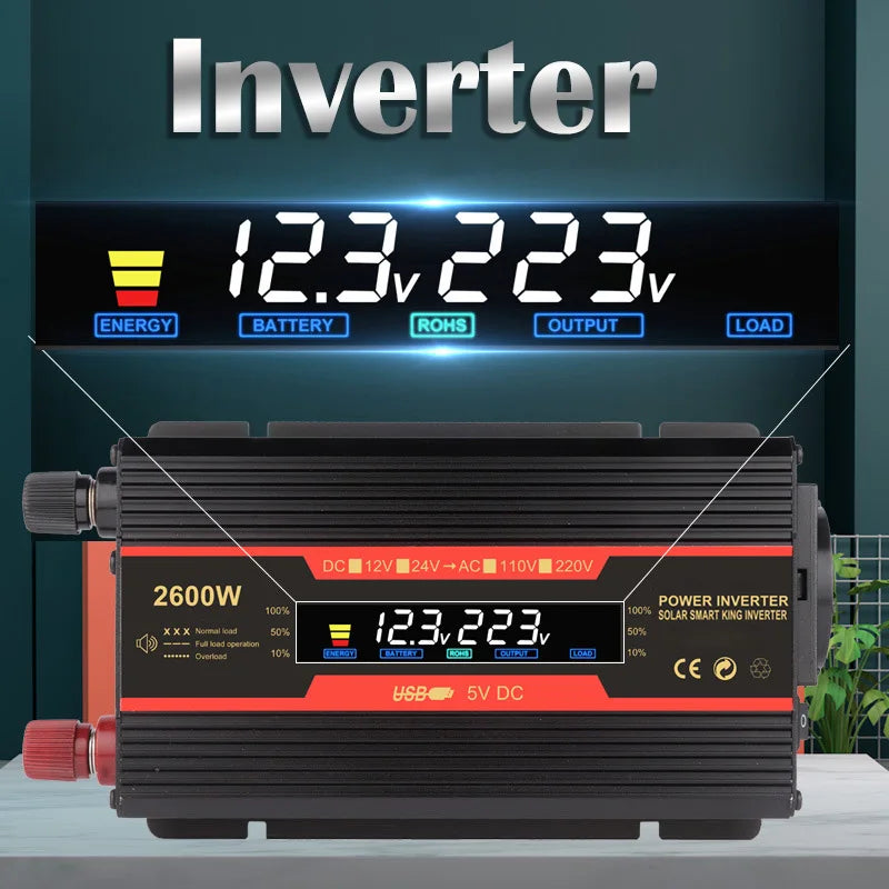 Pure Sine Wave Inverter, Inverter converts DC battery power to AC output for appliances, suitable for solar-powered systems and offering high power output.