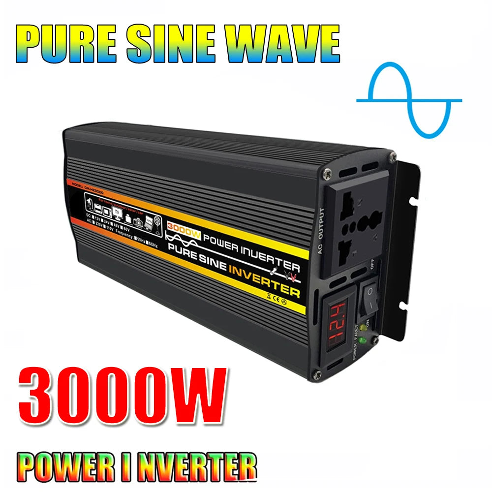 Pure Sine Wave Inverter, Converts DC power to AC power for home use with solar panels, offering various output options.