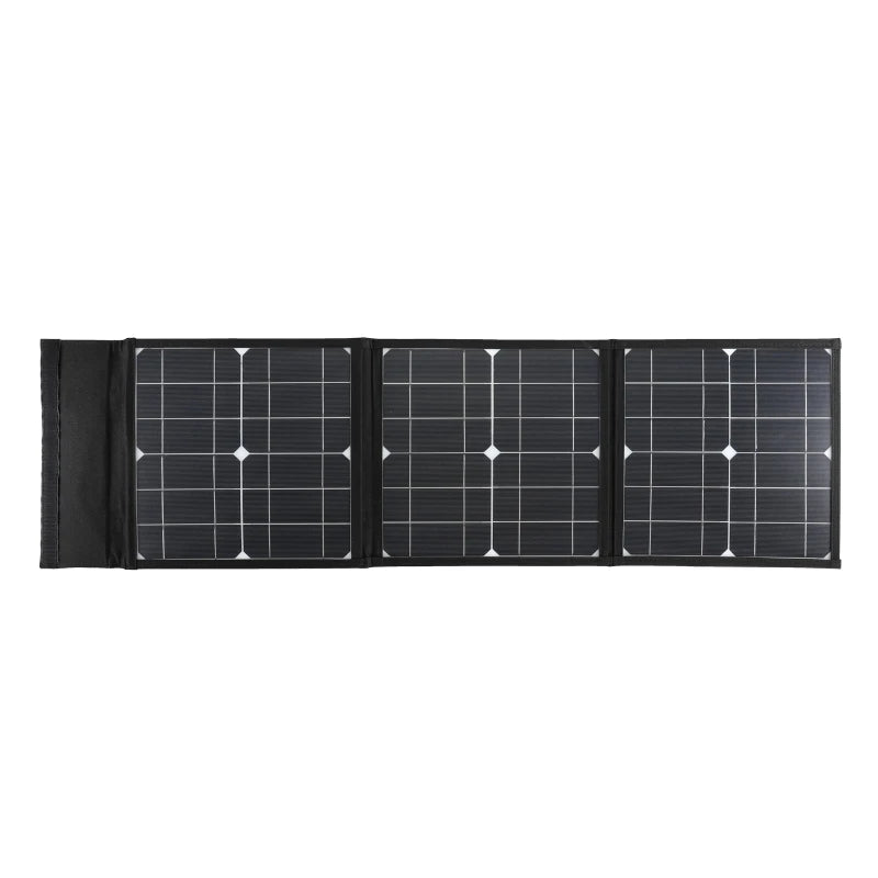 Portable solar charger for outdoor adventures: 100W panel, 18V DC power, USB charging.