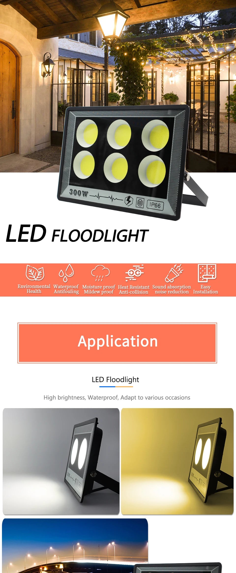 Durable LED floodlight for outdoor use, waterproof and heat-resistant, suitable for various installations.