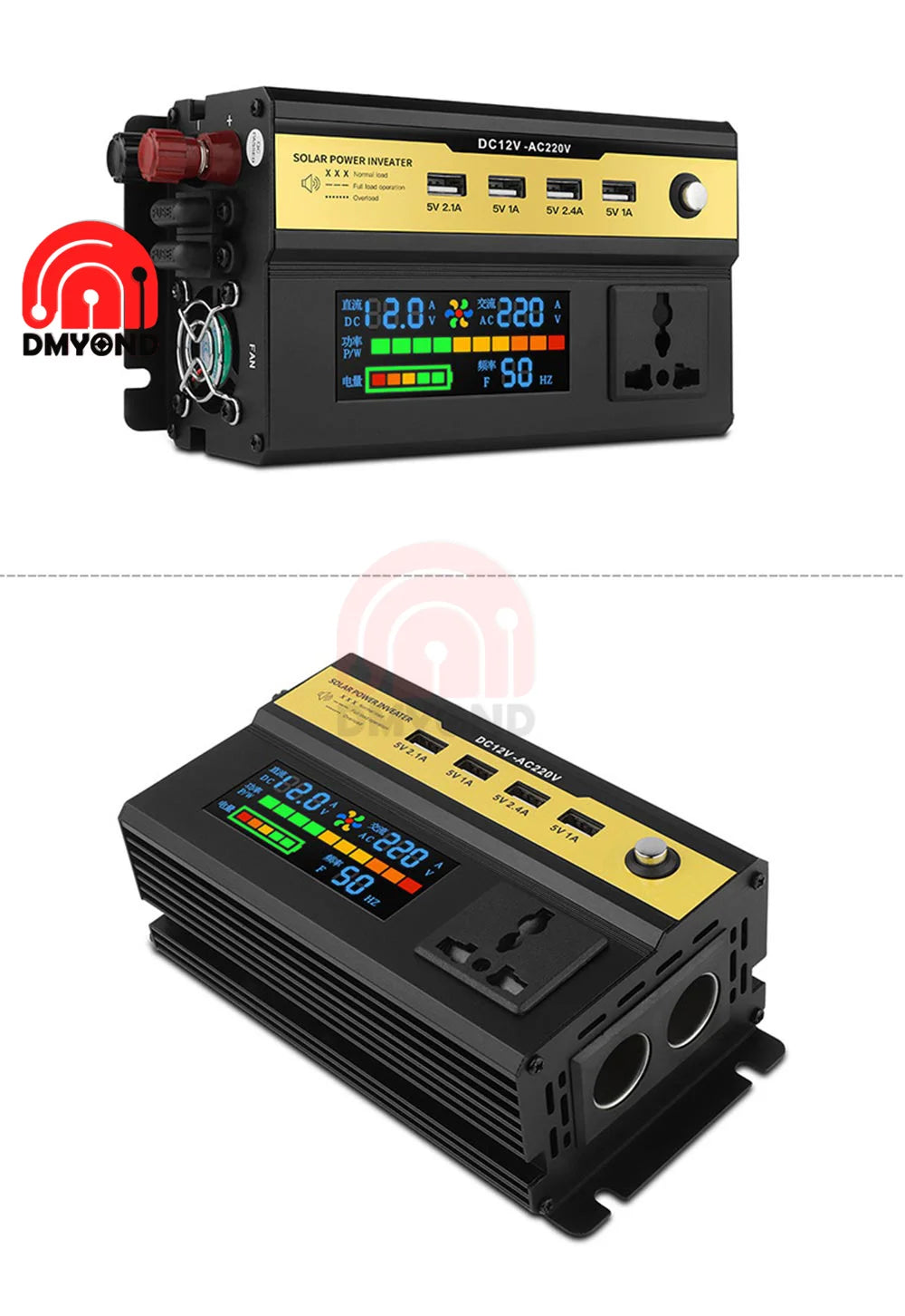 Inverter, Converts 12V DC to 220V AC; suitable for solar-powered systems and portable power for camping/outdoor use.